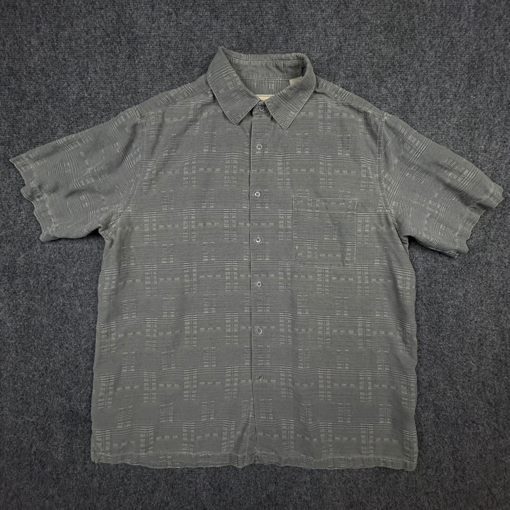 Island Republic Silk Shirt Mens L Grey Textured Grid Short Sleeve Vacation